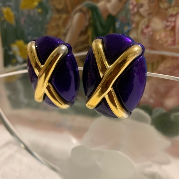 Vtg 80’s Purple Gold X Clip on Earrings - Picture 5 of 5